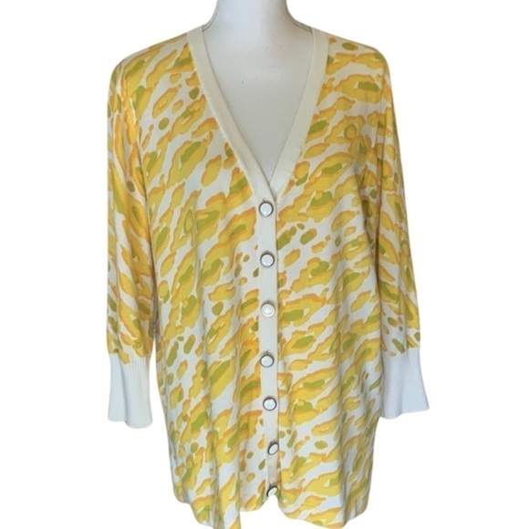 Bob Mackie yellow/White V-neck cardigan, cotton blend, bright, large - Picture 1 of 6
